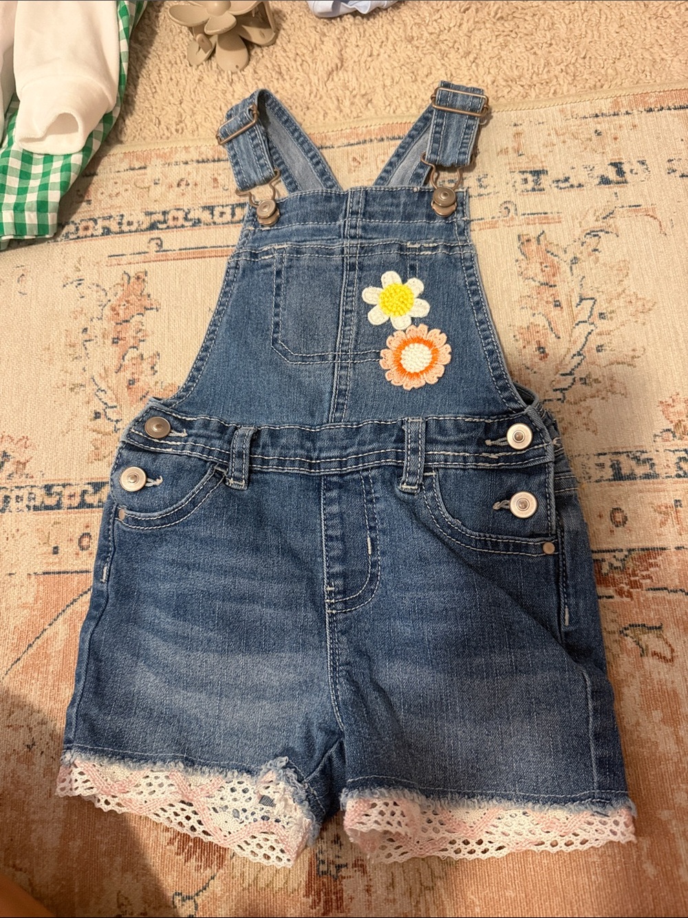 wonder nation Blue Denim Short Overalls with Daisy Applique